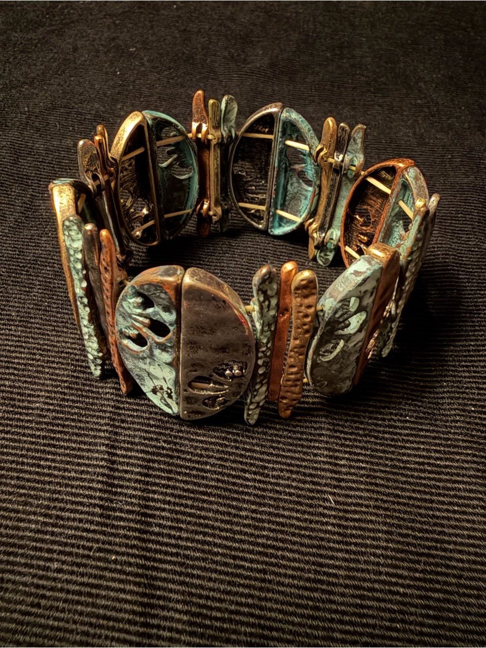 Distressed rustic antiqued metal panels stretch bangle